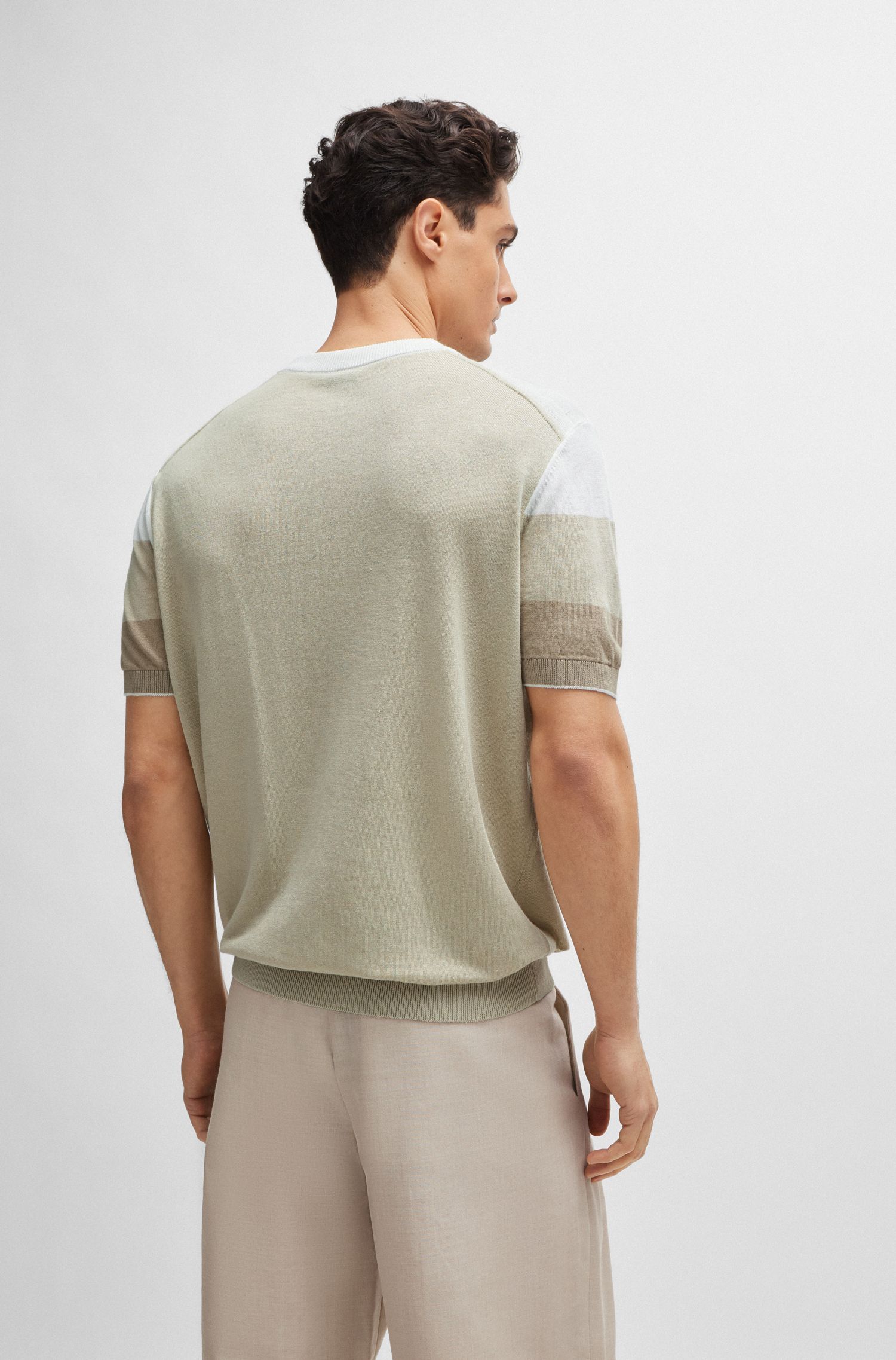 BOSS - Áo thun dệt kim dáng regular fit vải pha linen