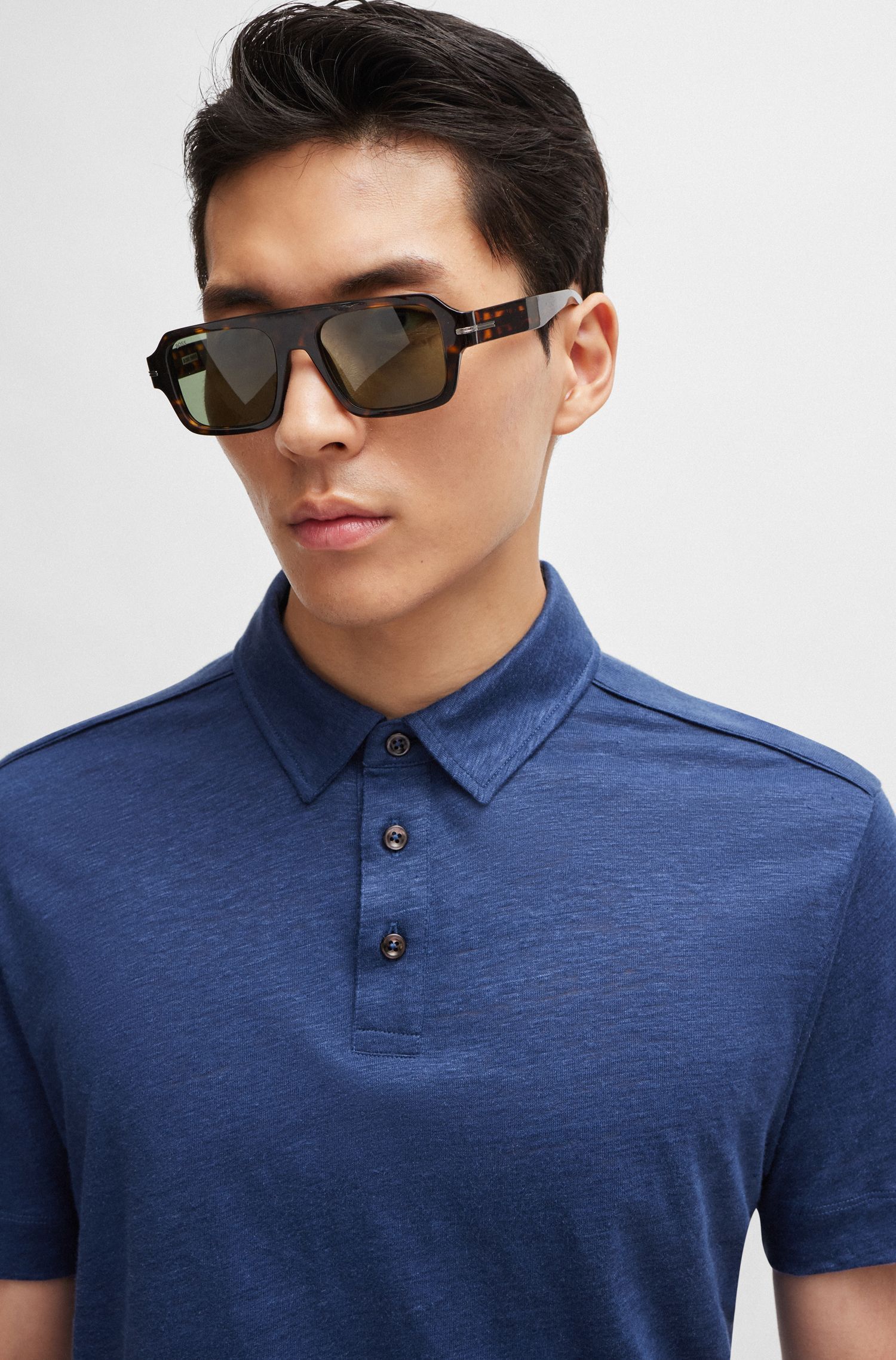 BOSS - Áo polo hoạt tiết ống bằng vải lanh và lụa