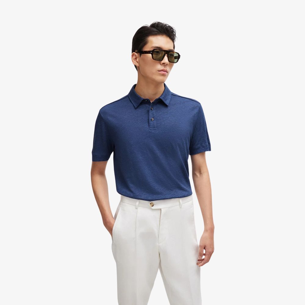 BOSS - Áo polo hoạt tiết ống bằng vải lanh và lụa
