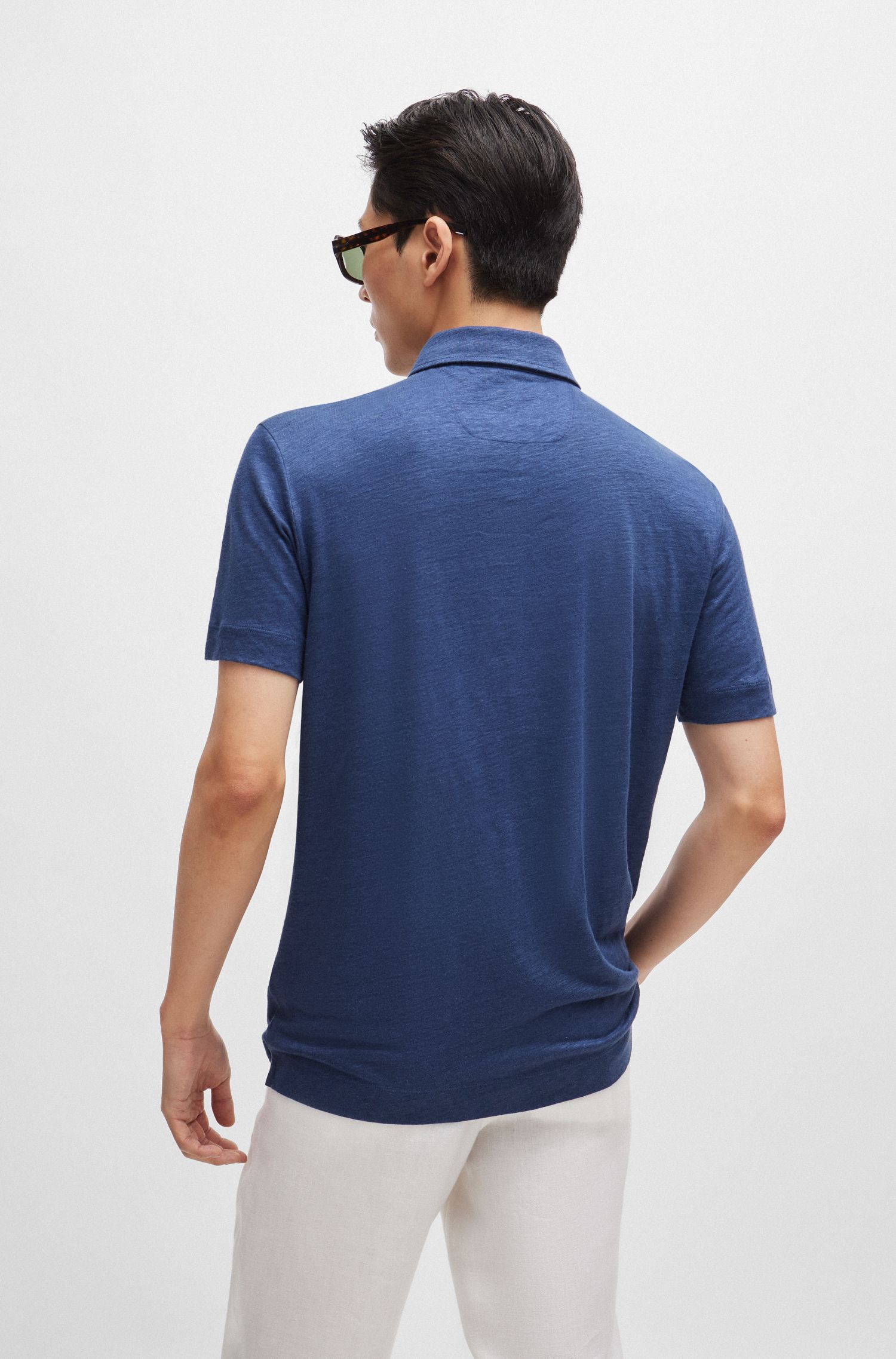 BOSS - Áo polo hoạt tiết ống bằng vải lanh và lụa