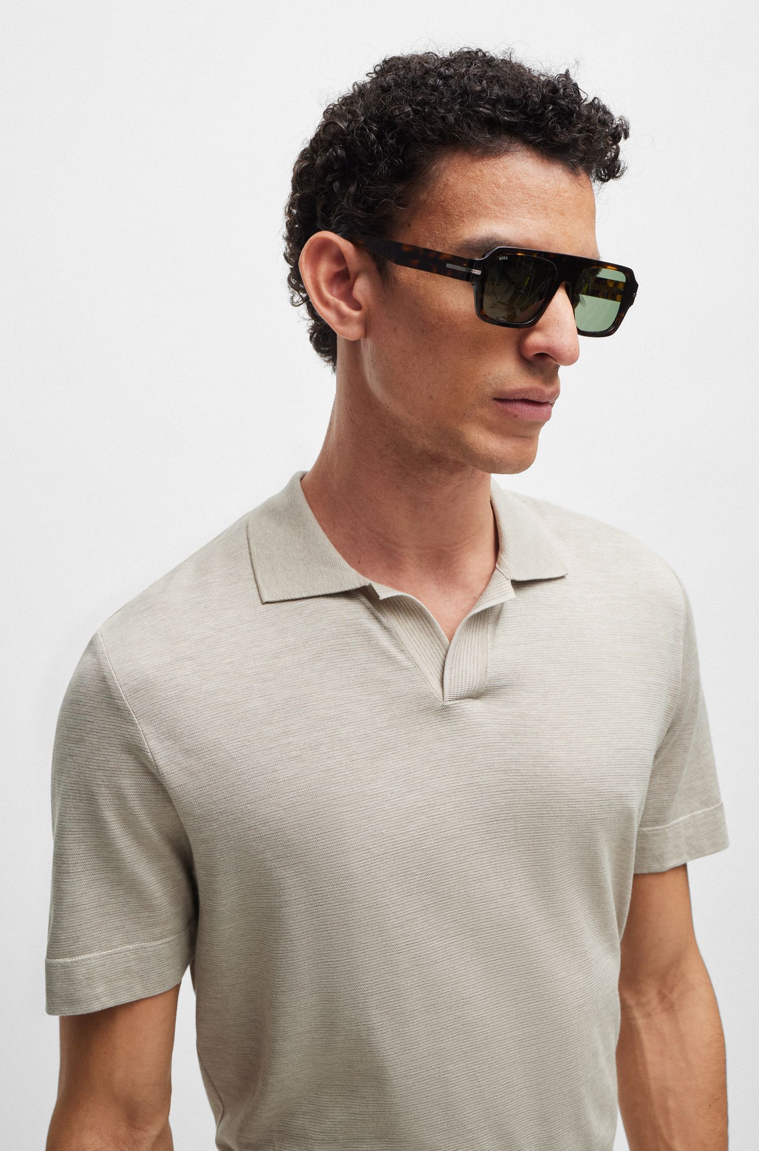 BOSS - Áo polo cotton lụa họa tiết sọc