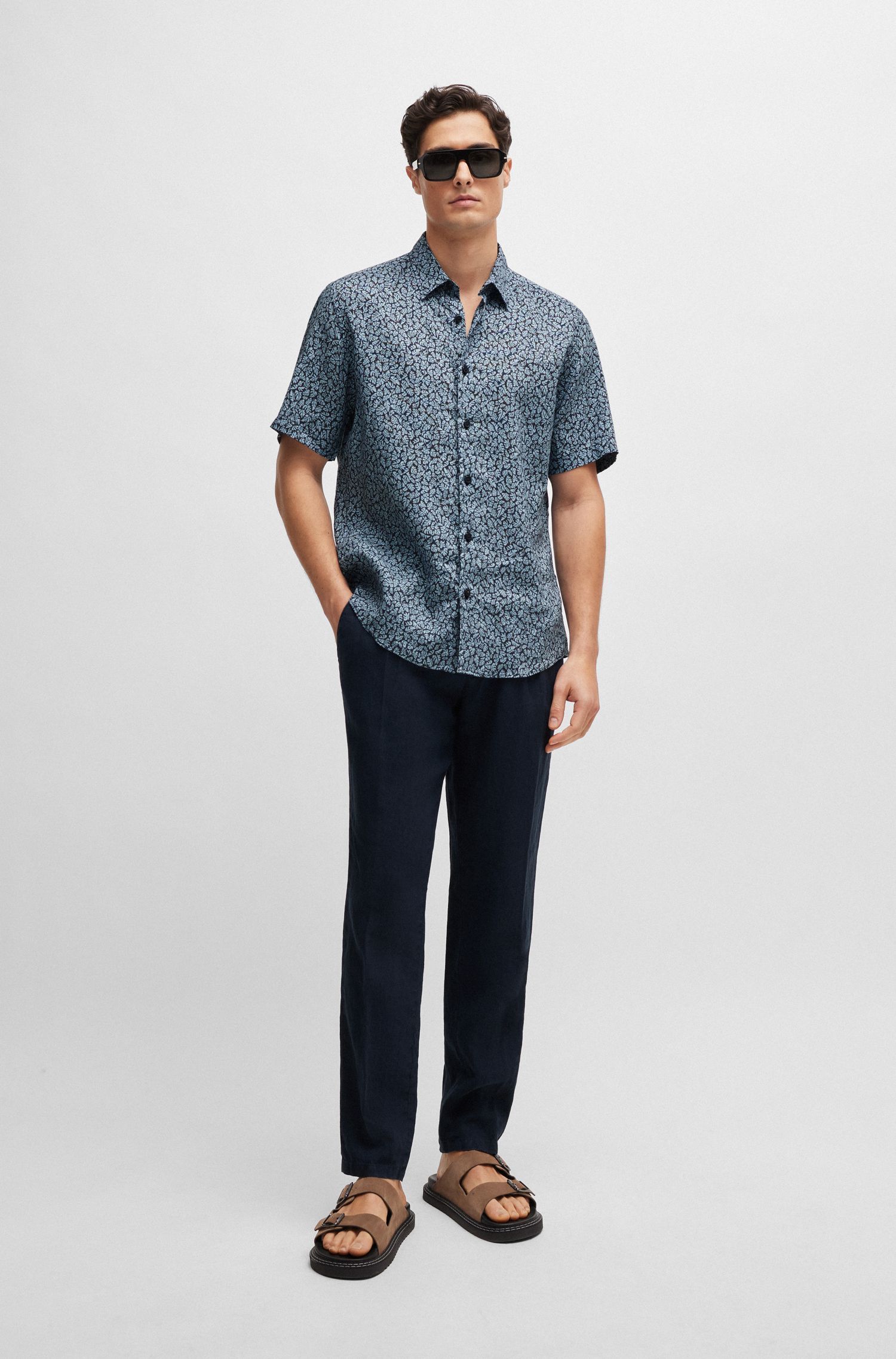 BOSS - Quần dáng ôm vừa vặn vải linen có dây buộc eo