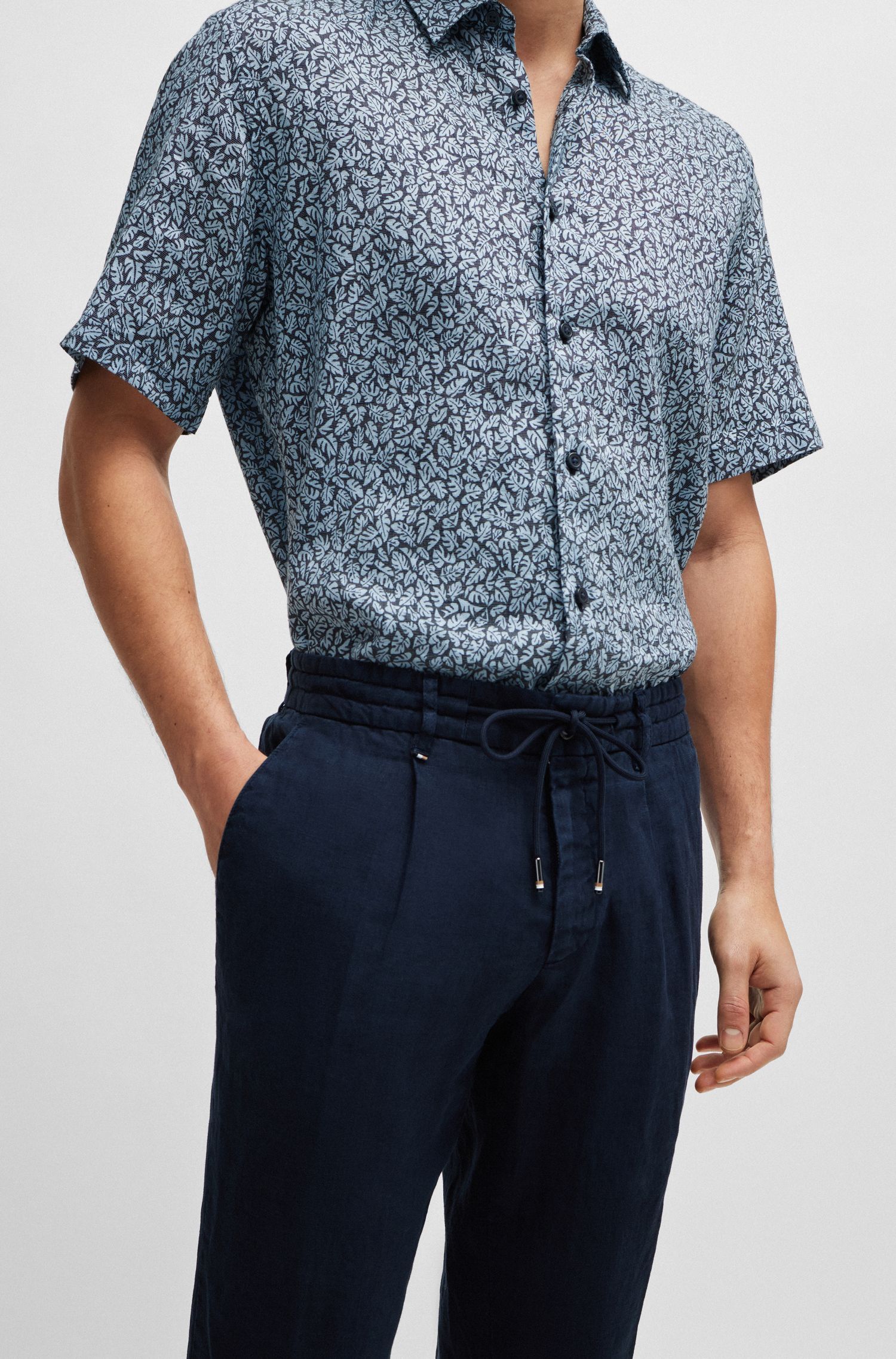 BOSS - Quần dáng ôm vừa vặn vải linen có dây buộc eo