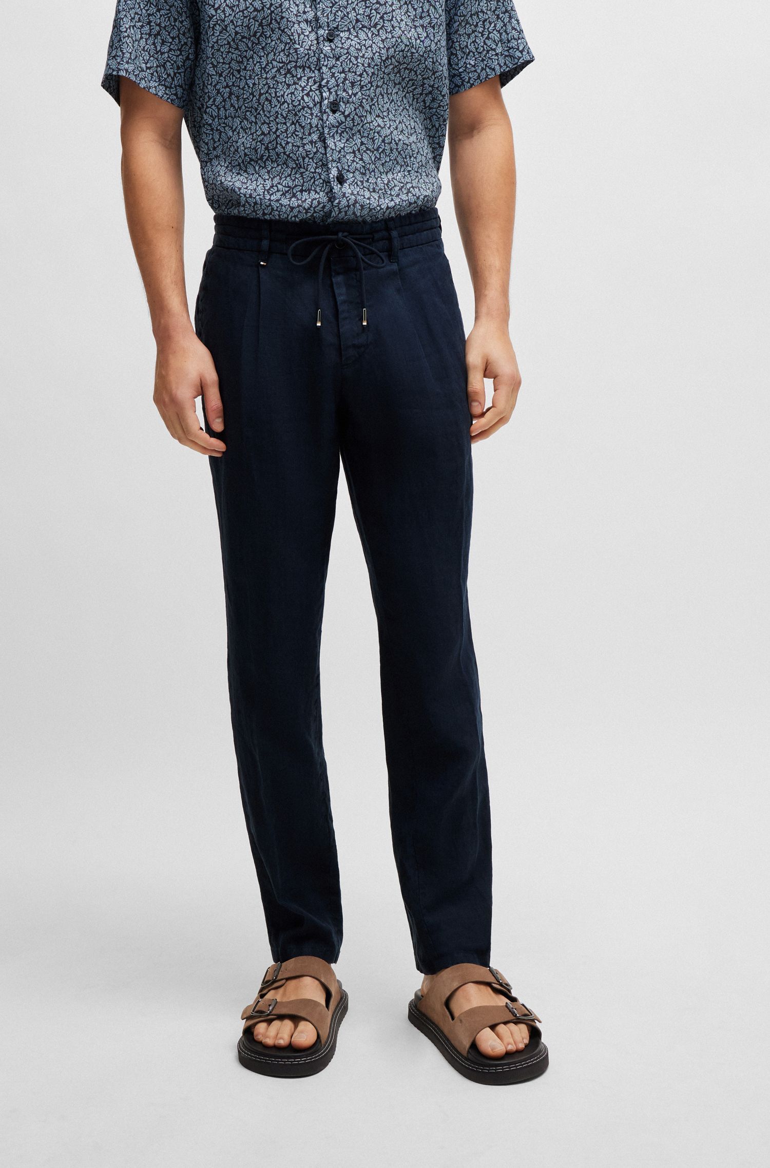 BOSS - Quần dáng ôm vừa vặn vải linen có dây buộc eo