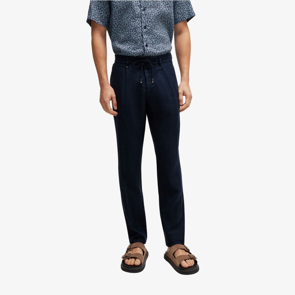 BOSS - Quần dáng ôm vừa vặn vải linen có dây buộc eo