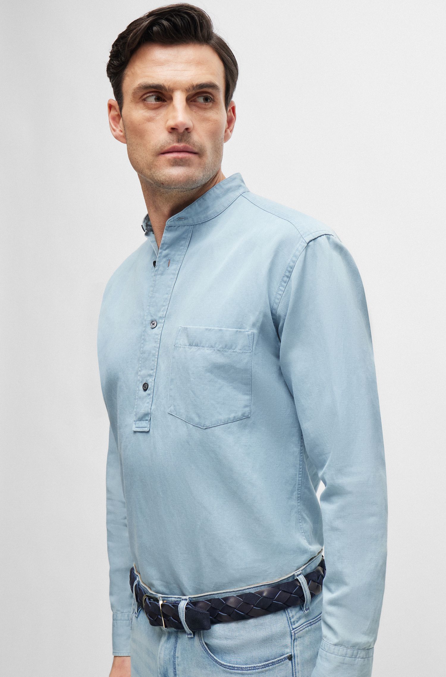 BOSS - Áo sơ mi vừa vặn vải cotton và vải linen