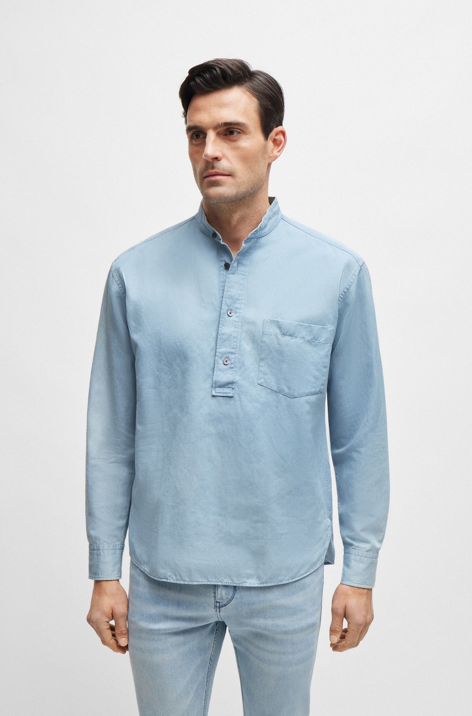 BOSS - Áo sơ mi vừa vặn vải cotton và vải linen