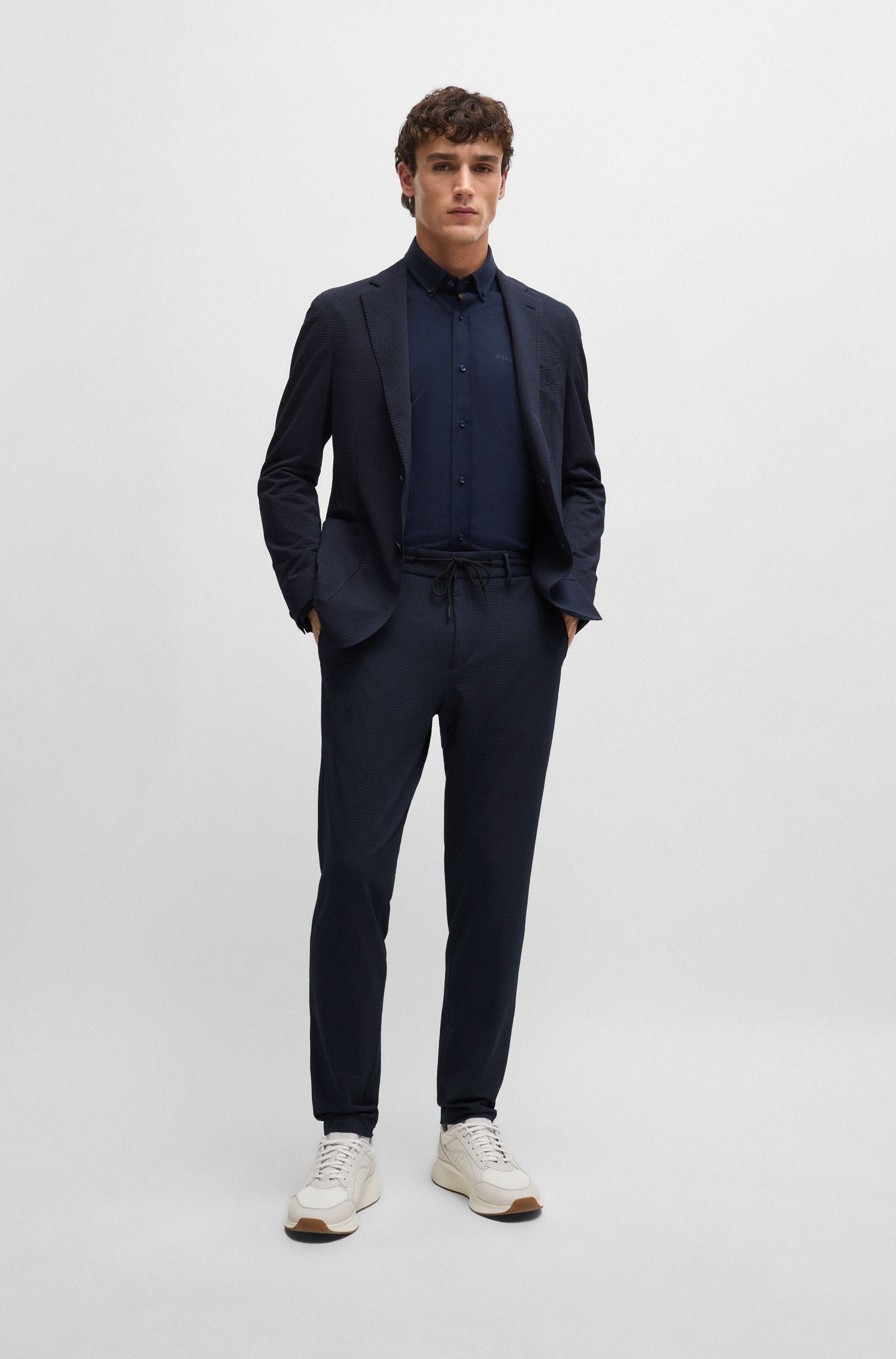 BOSS - Quần slim-fit chất vải sọc nhăn co giãn
