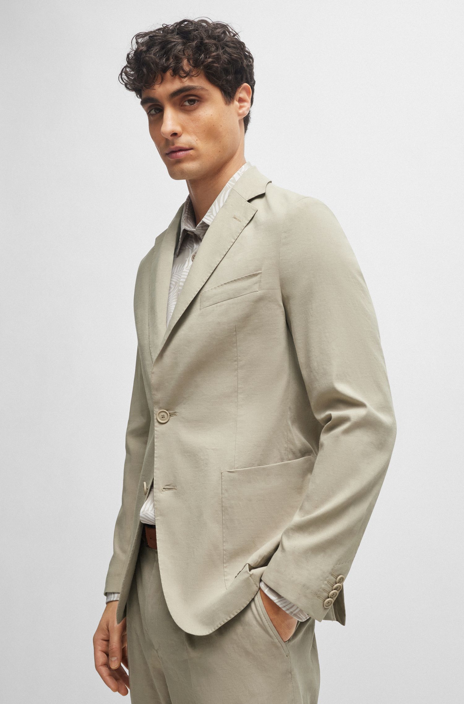 BOSS - Áo khoác blazer vừa vặn vải linen