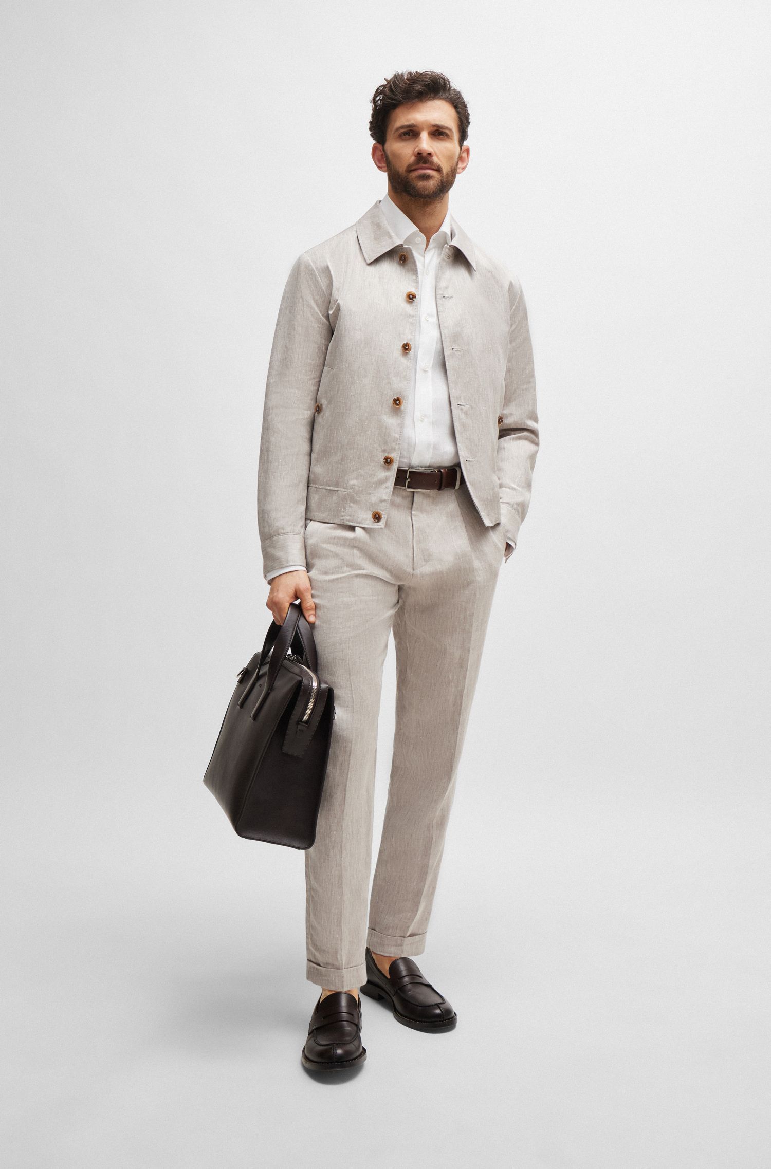 BOSS - Áo sơ mi dài có nút vừa vặn vải linen