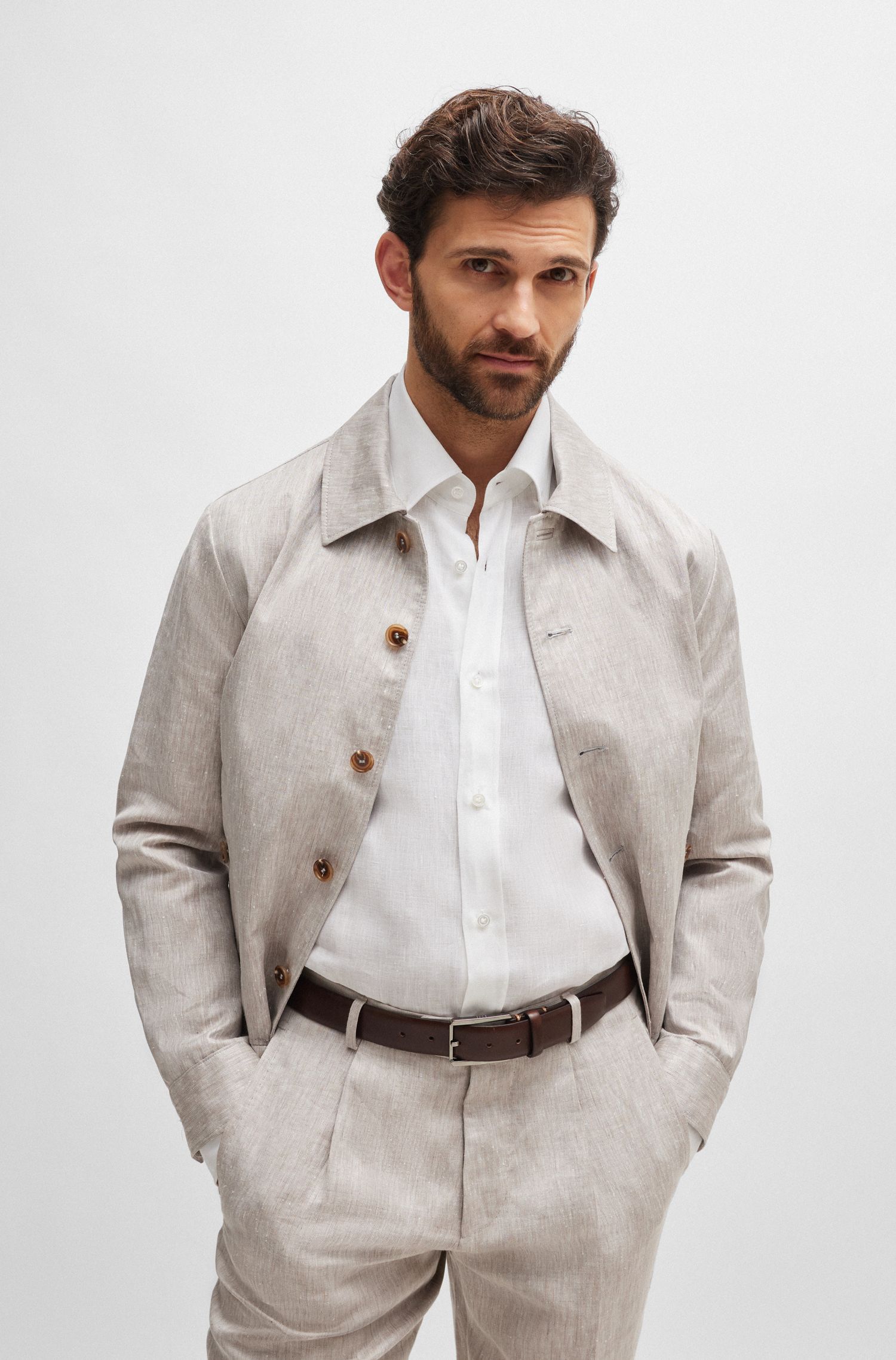 BOSS - Áo sơ mi dài có nút vừa vặn vải linen