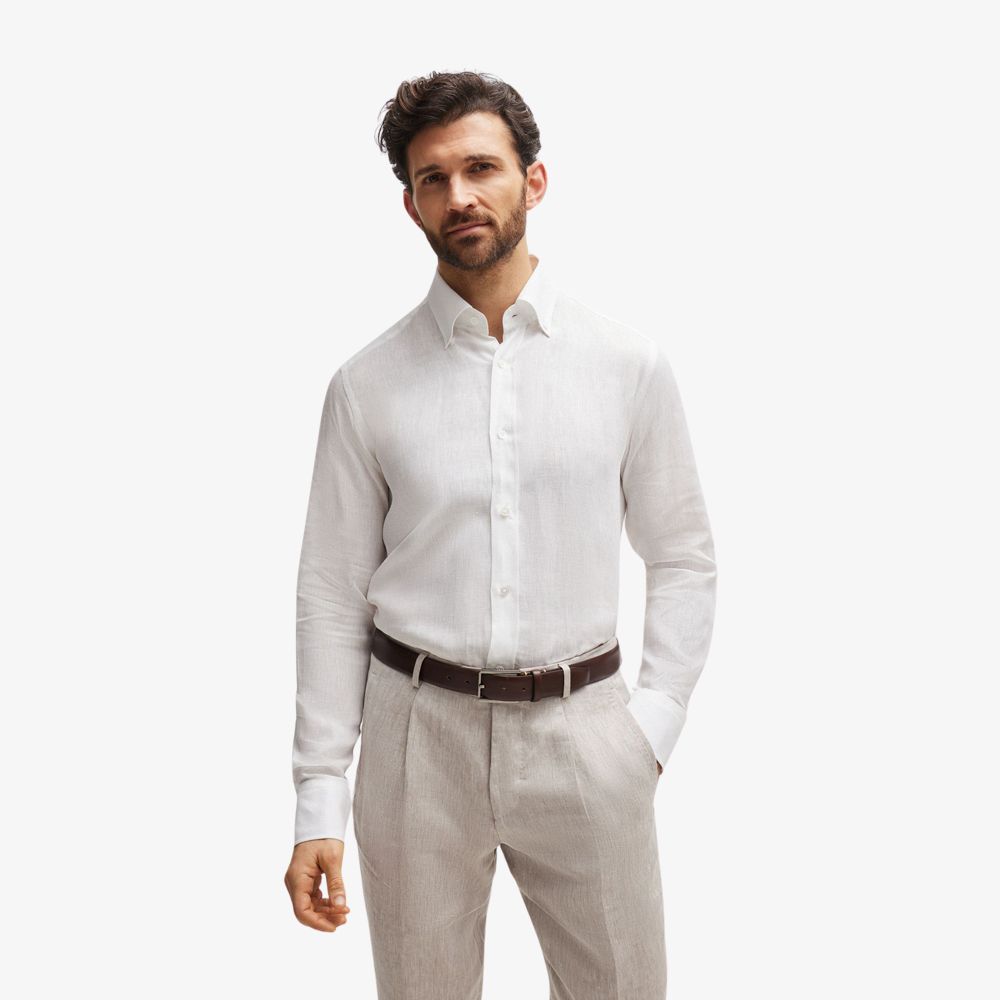 BOSS - Áo sơ mi dài có nút vừa vặn vải linen