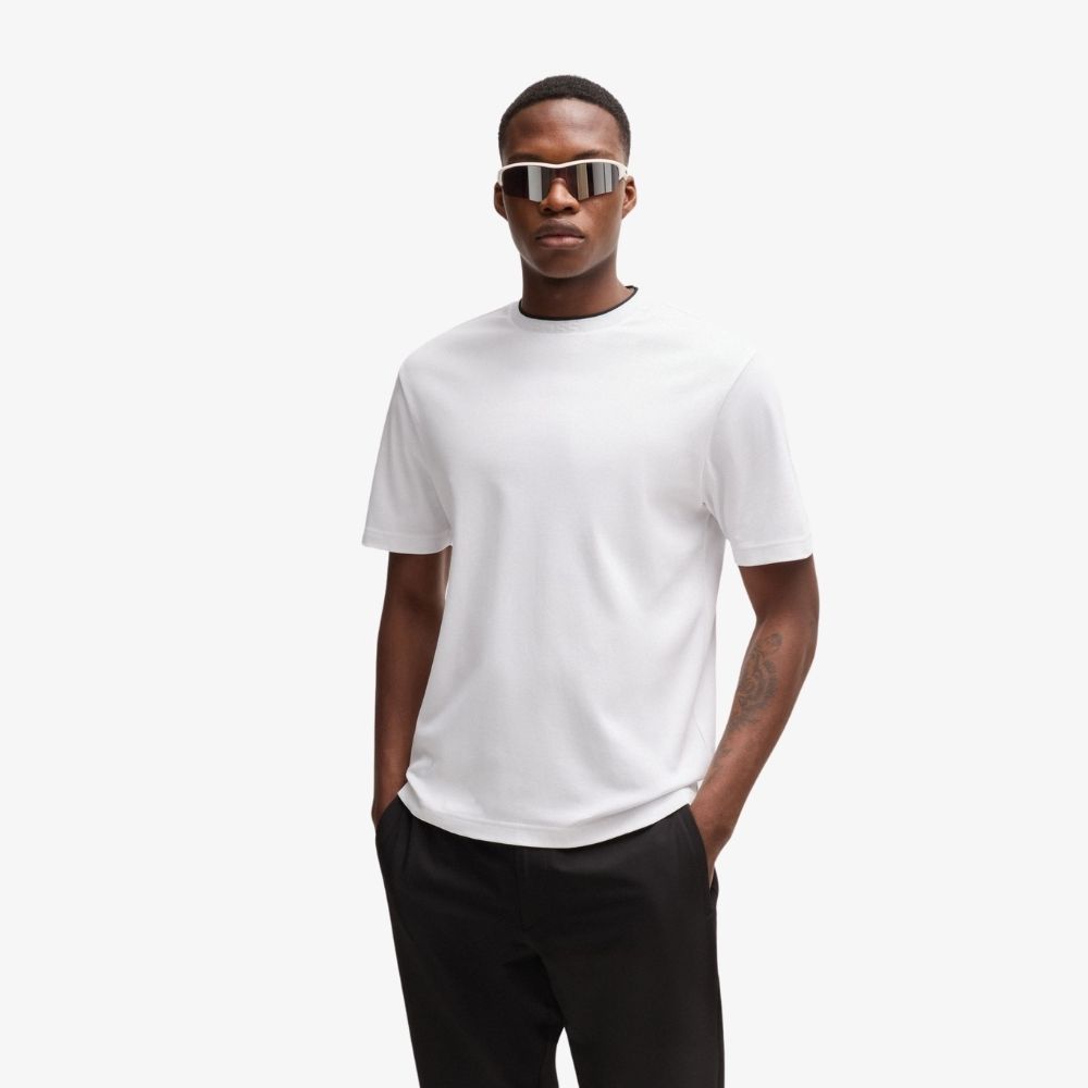 BOSS - Áo thun cotton interlock dáng suông relaxed fit cổ có logo