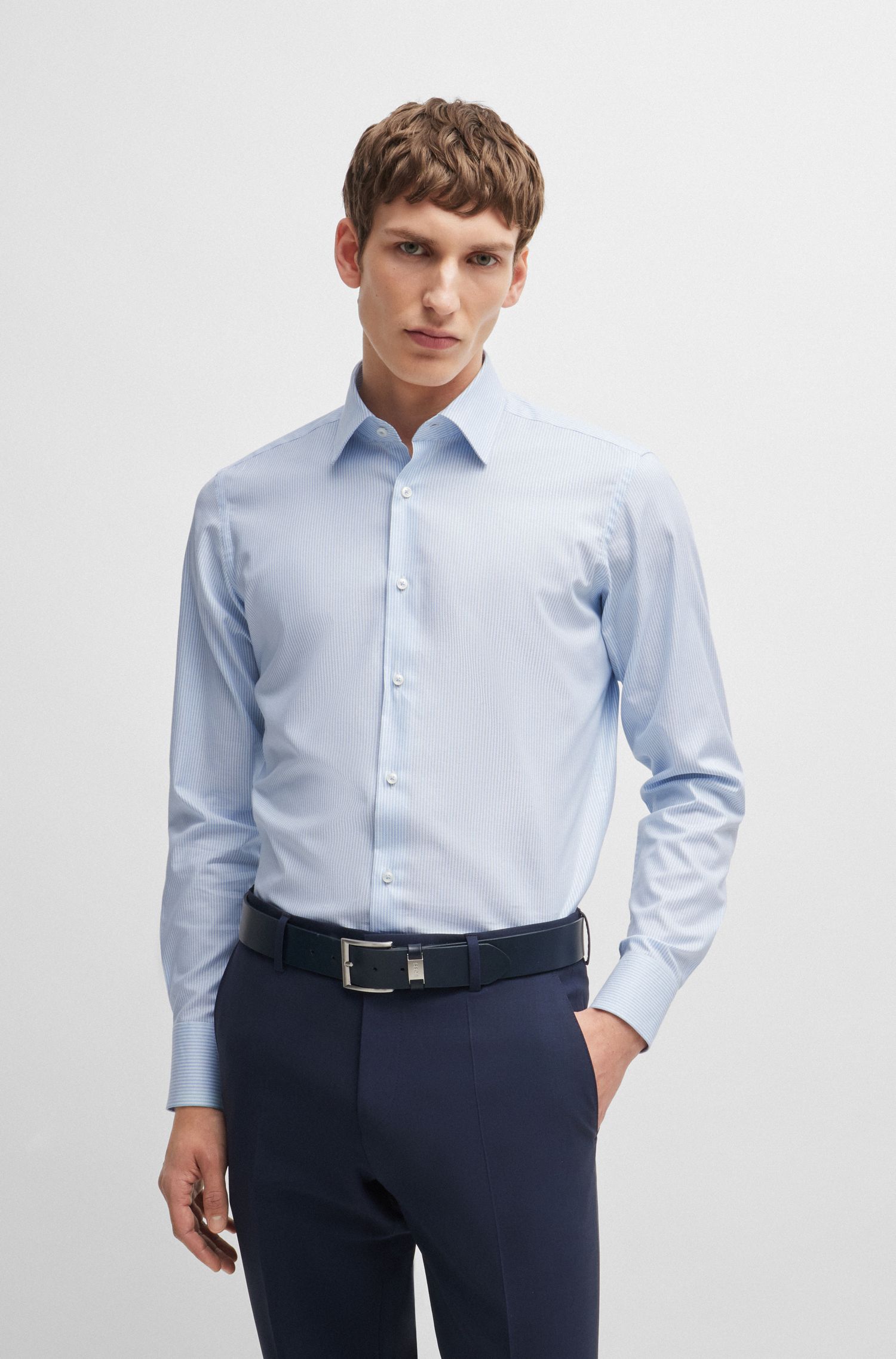 BOSS - Áo sơ mi dáng vừa regular fit cotton co giãn sọc