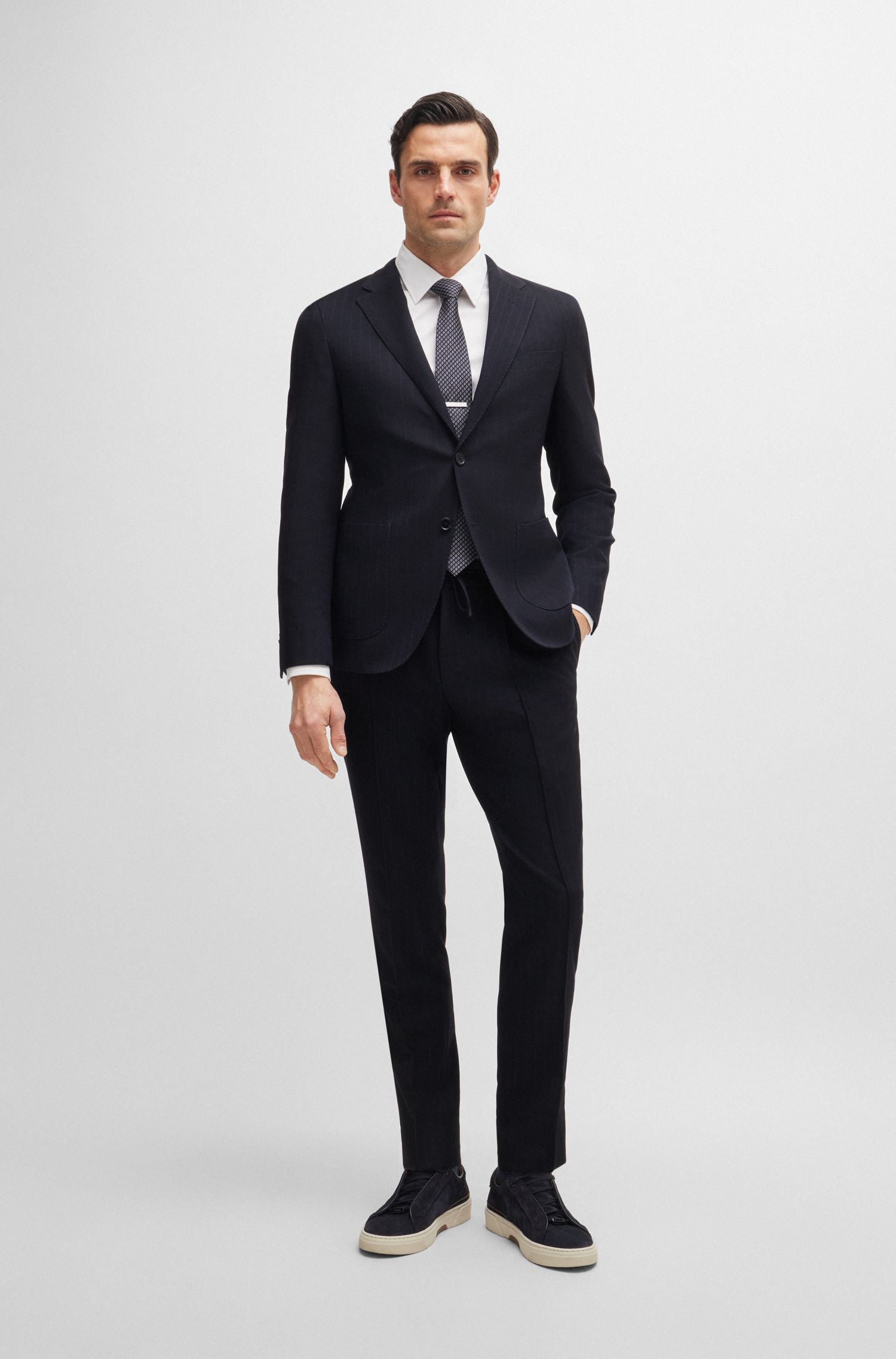 BOSS - Quần âu slim-fit vải len sọc