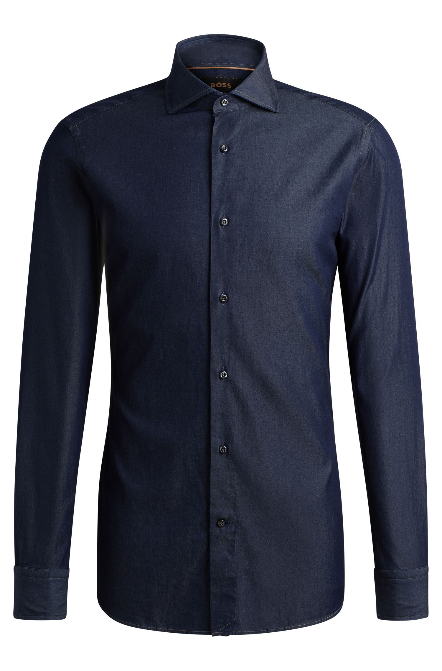 BOSS - Áo sơ mi dáng ôm slim fit denim cotton với cổ vát rộng