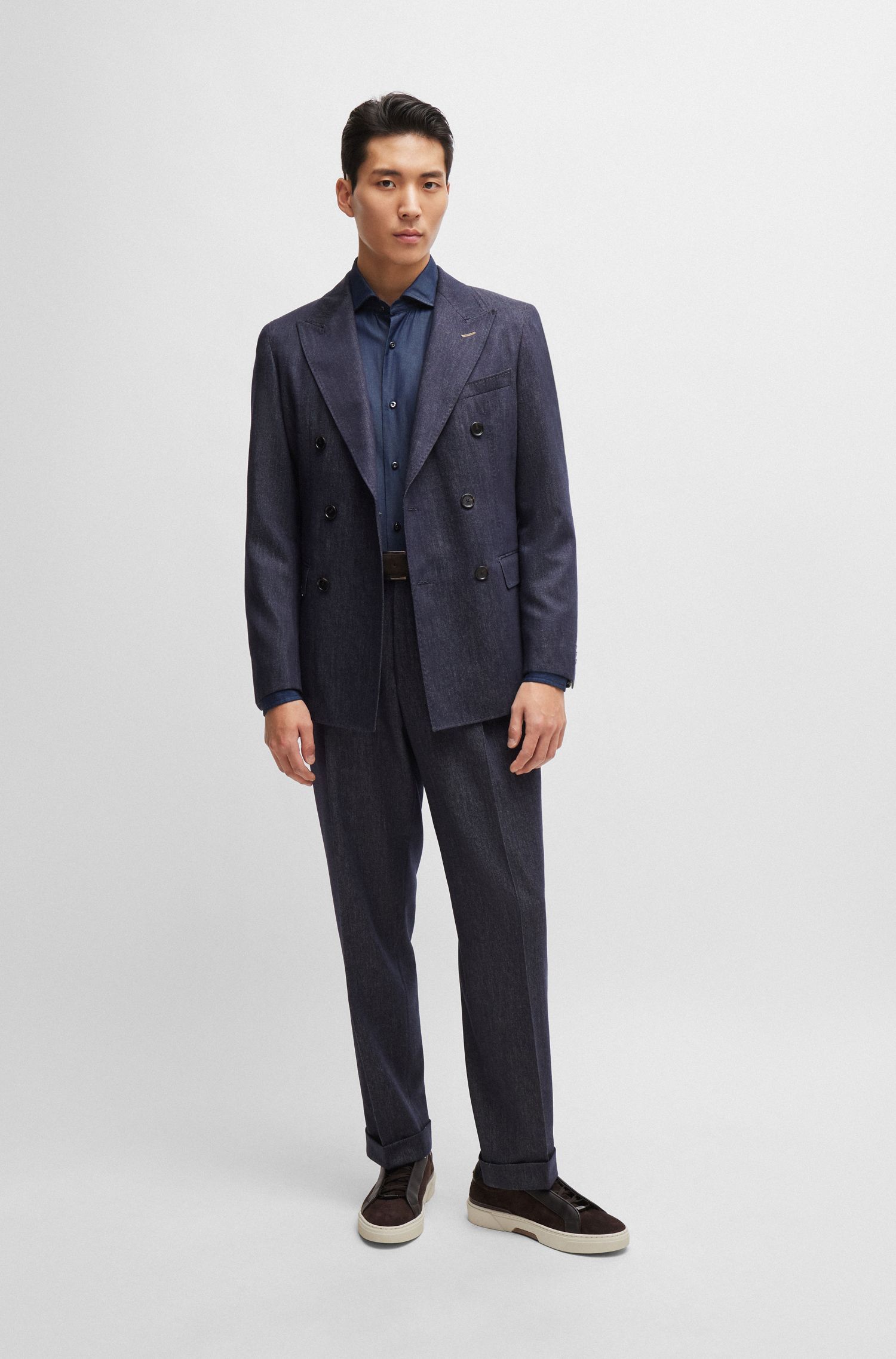 BOSS - Áo sơ mi dáng ôm slim fit denim cotton với cổ vát rộng