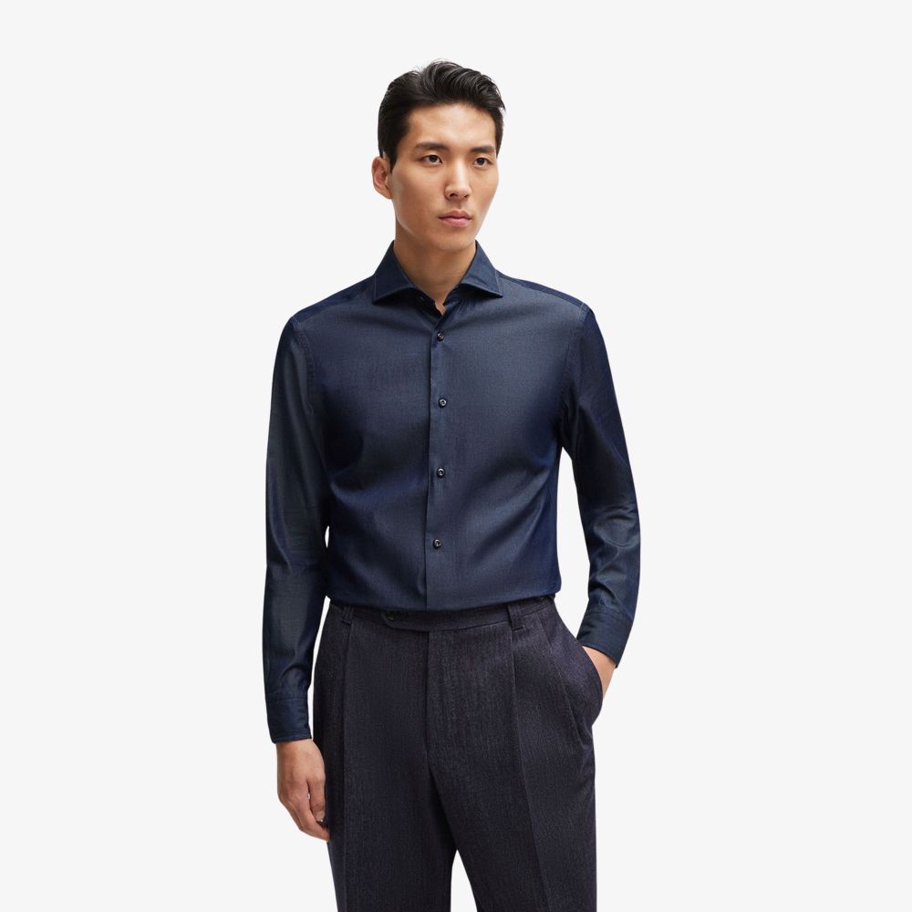 BOSS - Áo sơ mi dáng ôm slim fit denim cotton với cổ vát rộng