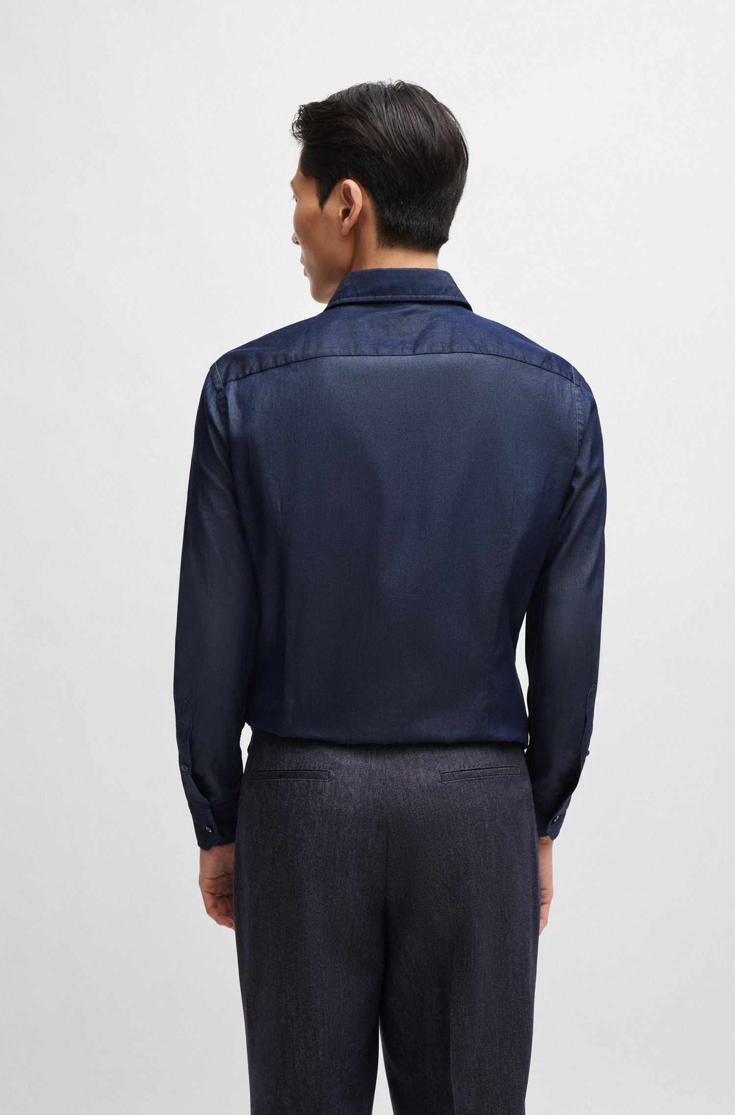 BOSS - Áo sơ mi dáng ôm slim fit denim cotton với cổ vát rộng