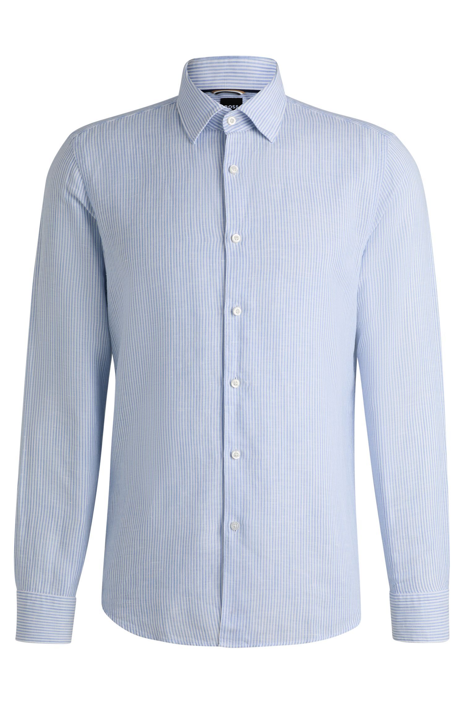 BOSS - Áo sơ mi vải lanh sọc cotton