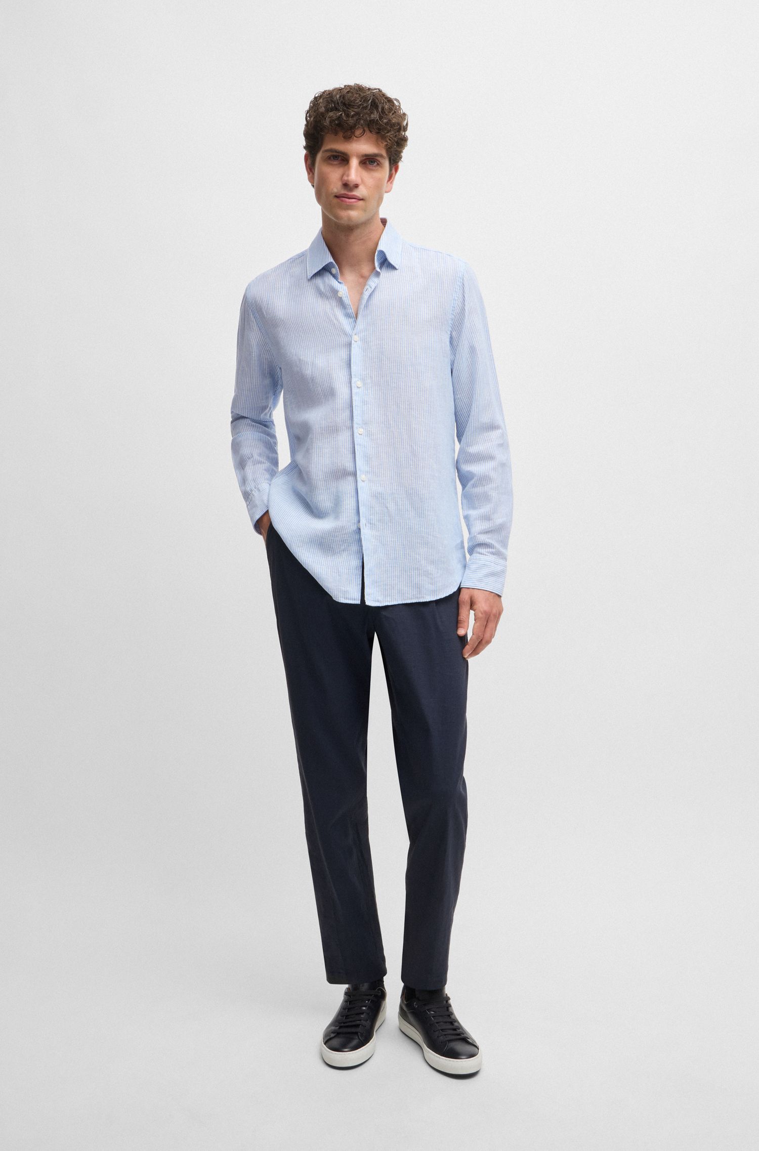 BOSS - Áo sơ mi vải lanh sọc cotton