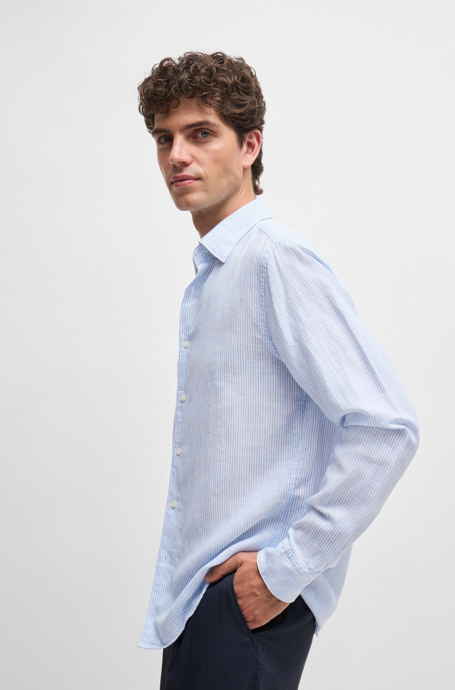 BOSS - Áo sơ mi vải lanh sọc cotton