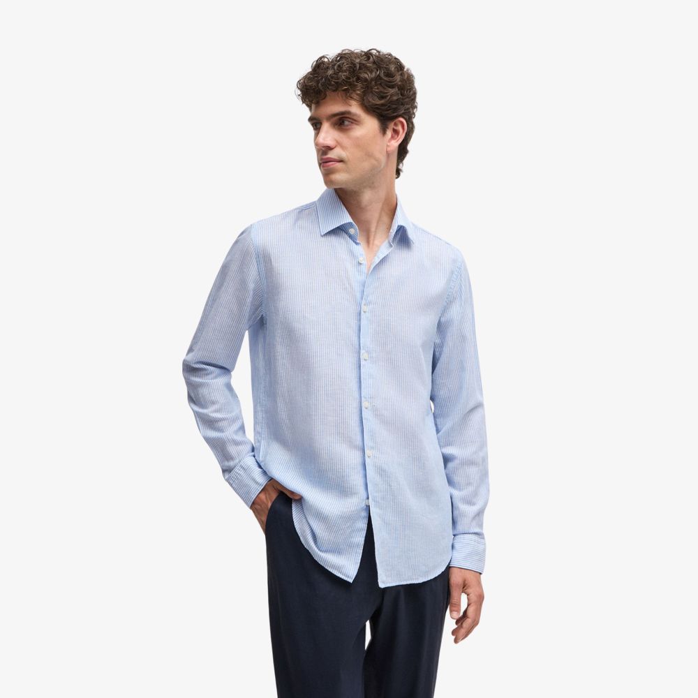 BOSS - Áo sơ mi vải lanh sọc cotton