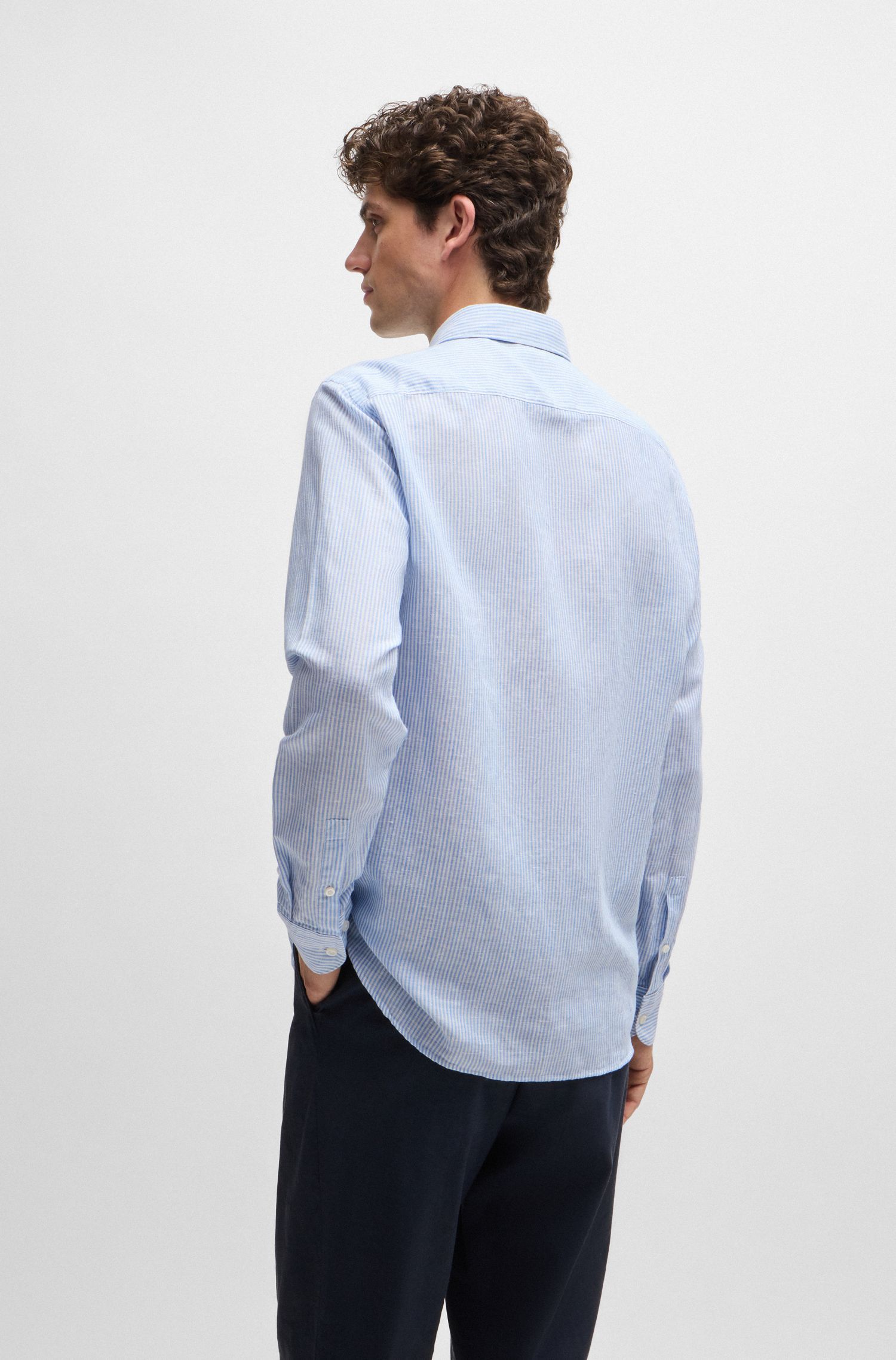 BOSS - Áo sơ mi vải lanh sọc cotton