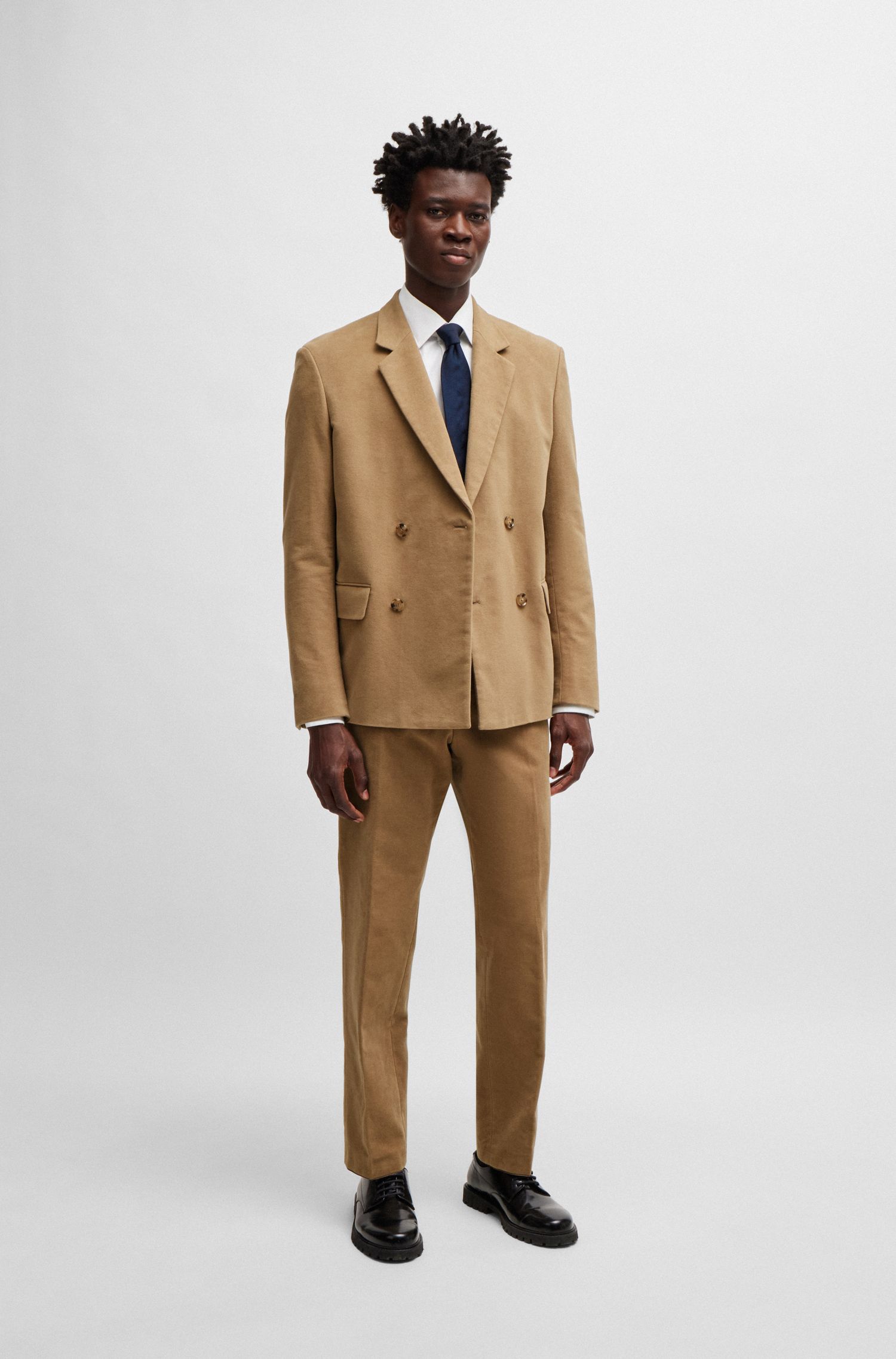 BOSS - Quần tây relaxed-fit vải cotton twill dệt