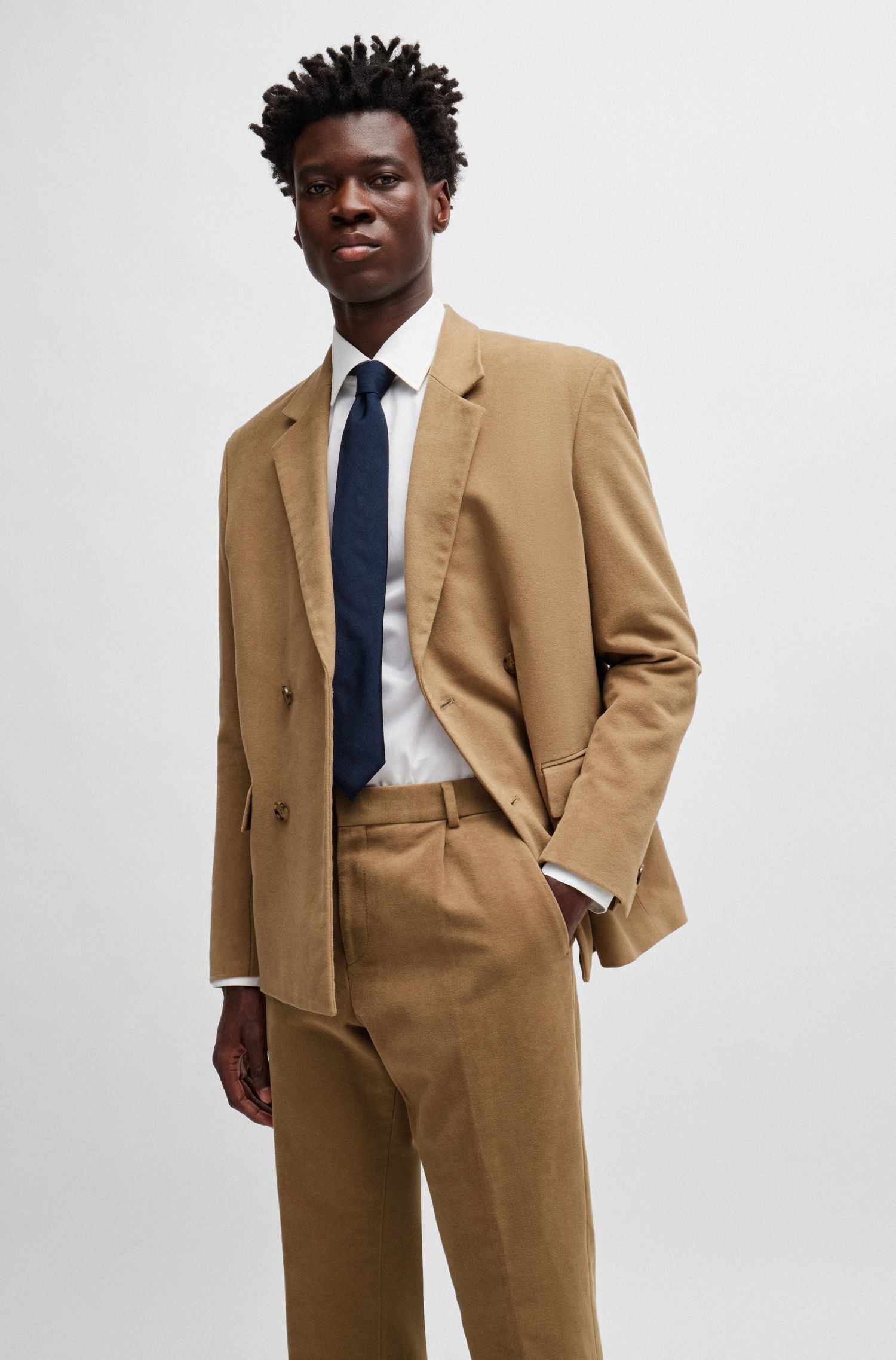 BOSS - Quần tây relaxed-fit vải cotton twill dệt