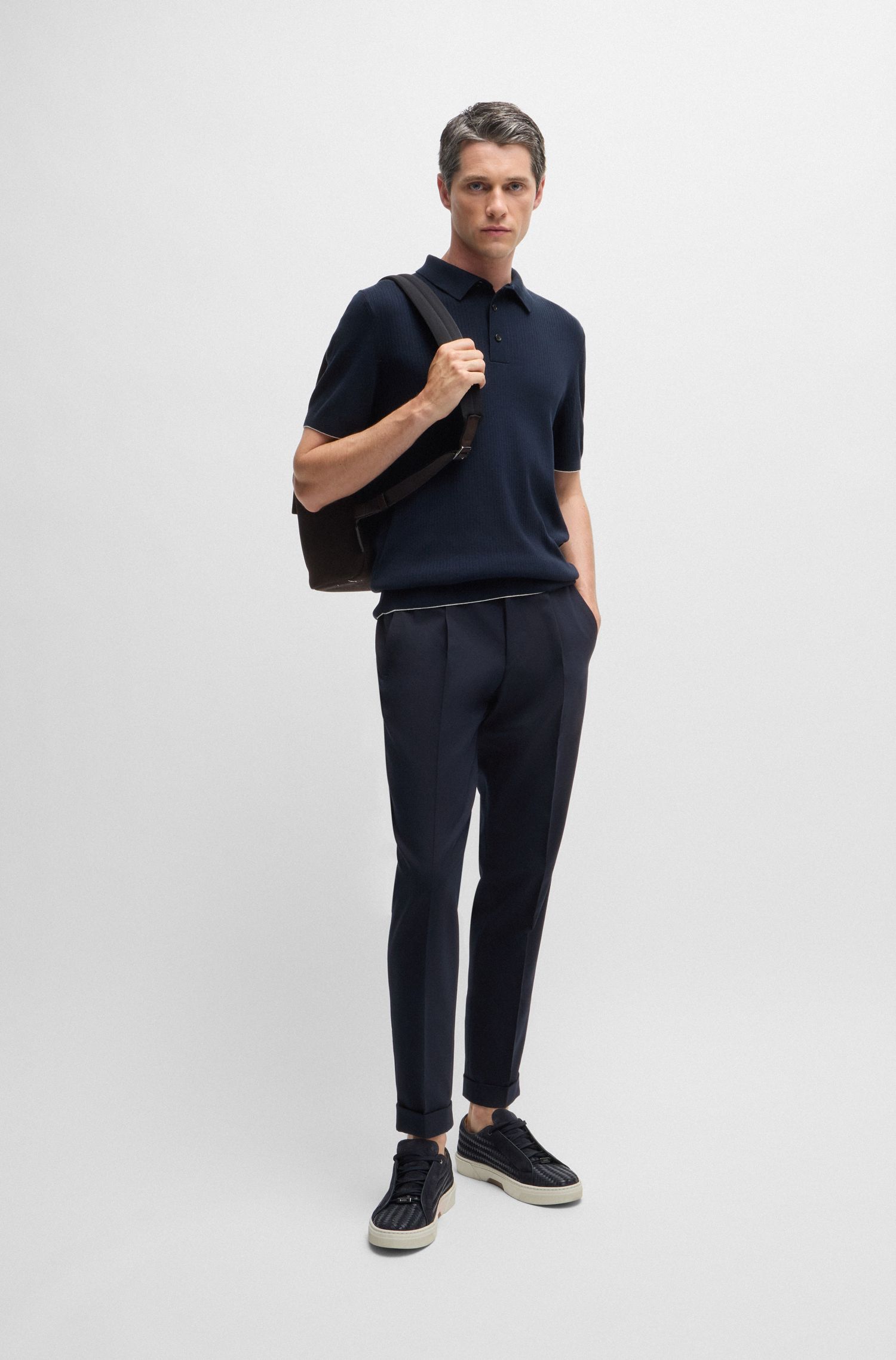 BOSS - Quần âu relaxed-fit cotton len nguyên chất và co giãn
