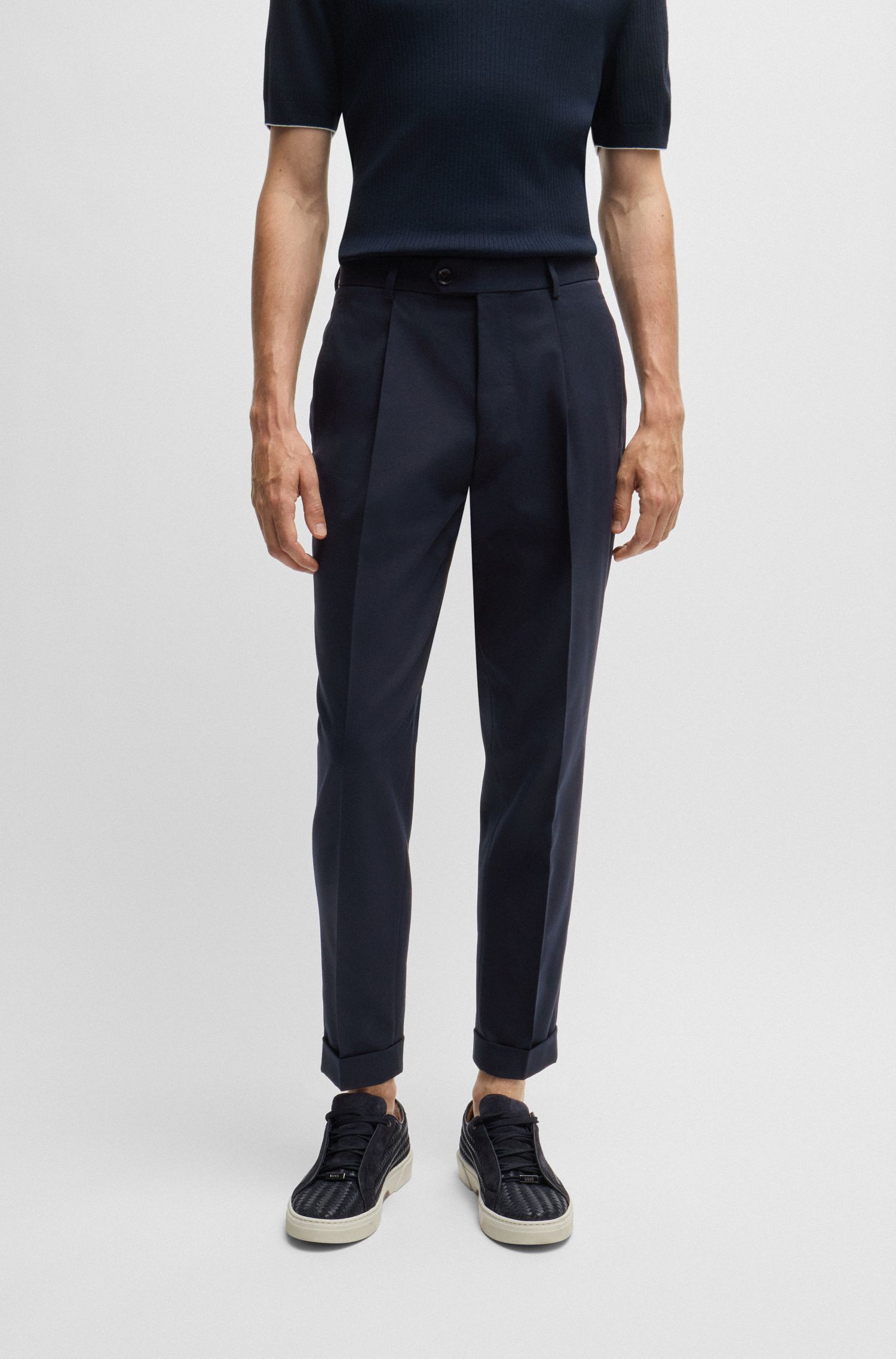 BOSS - Quần âu relaxed-fit cotton len nguyên chất và co giãn